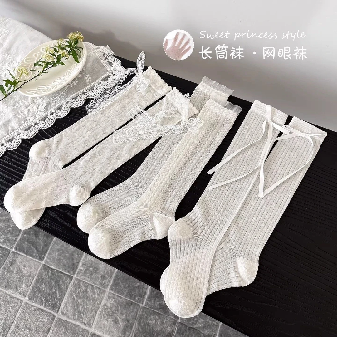 儿童袜子春夏季薄款女童长筒袜韩系洛丽塔女孩蝴蝶结防蚊袜中筒袜
