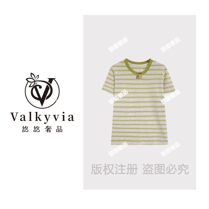 【Valkyvia/悠悠奢品】66938#条纹拼接彩点T恤2025春夏潮流个性上衣