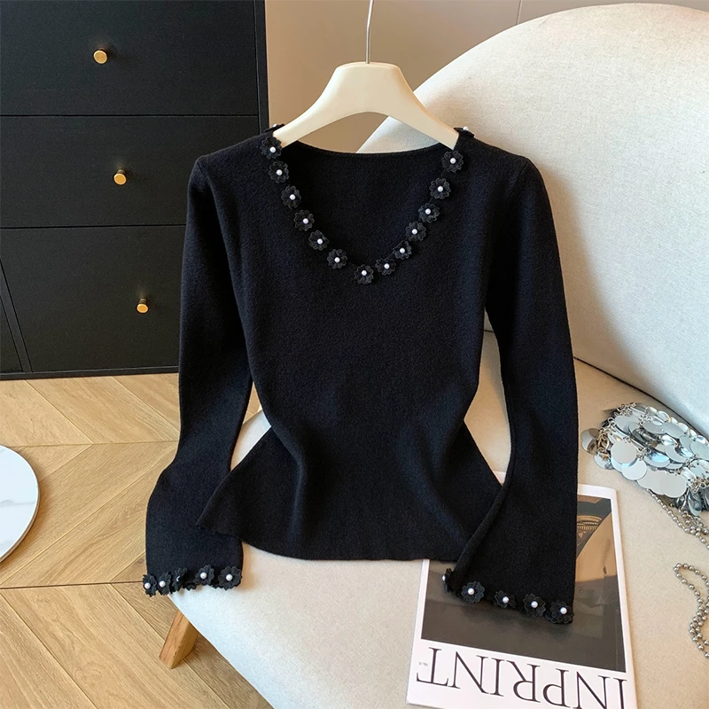 韩系立体花朵V领针织衫女2025秋冬季新款别致漂亮打底衫长袖上衣