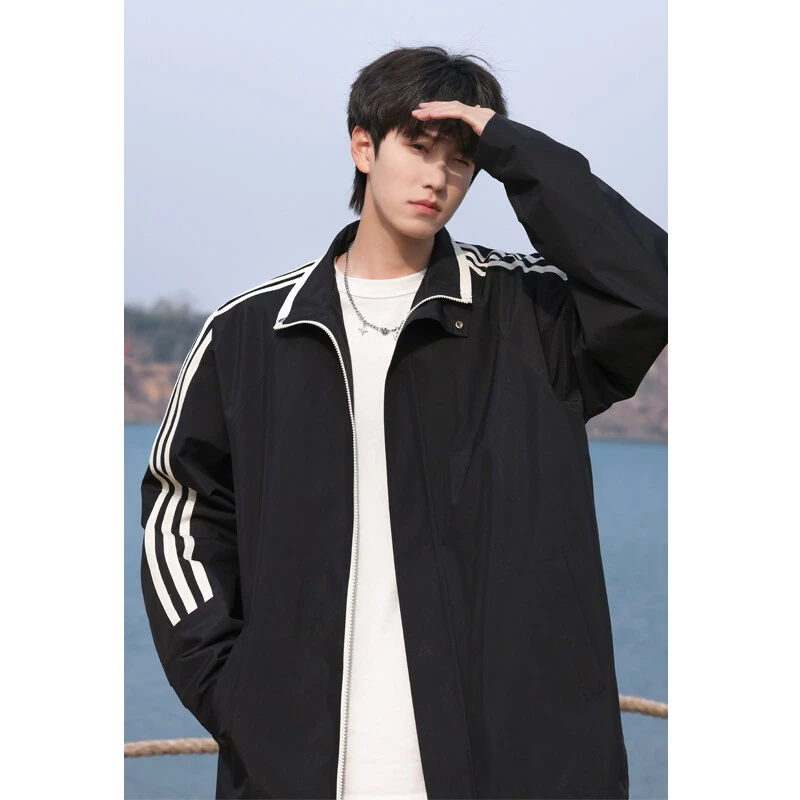 美式立领条纹夹克男士春季2025新款青少年宽松休闲帅气百搭外套