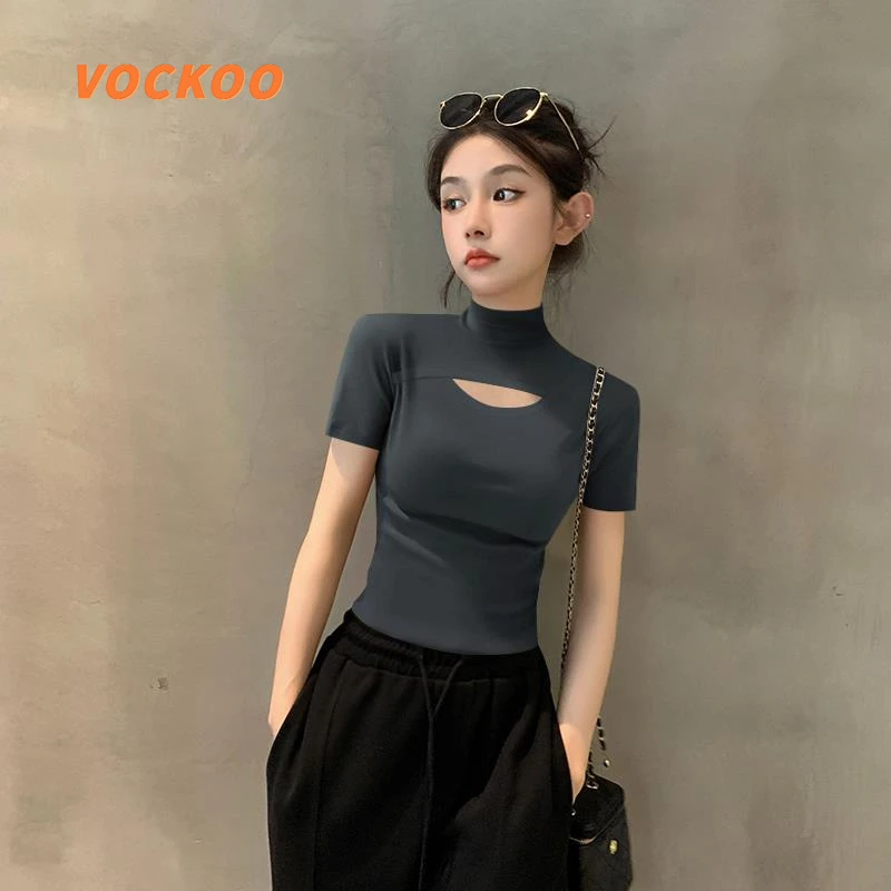 2025新款夏季烟灰色半高领短袖T恤女正肩半袖小众镂空薄款