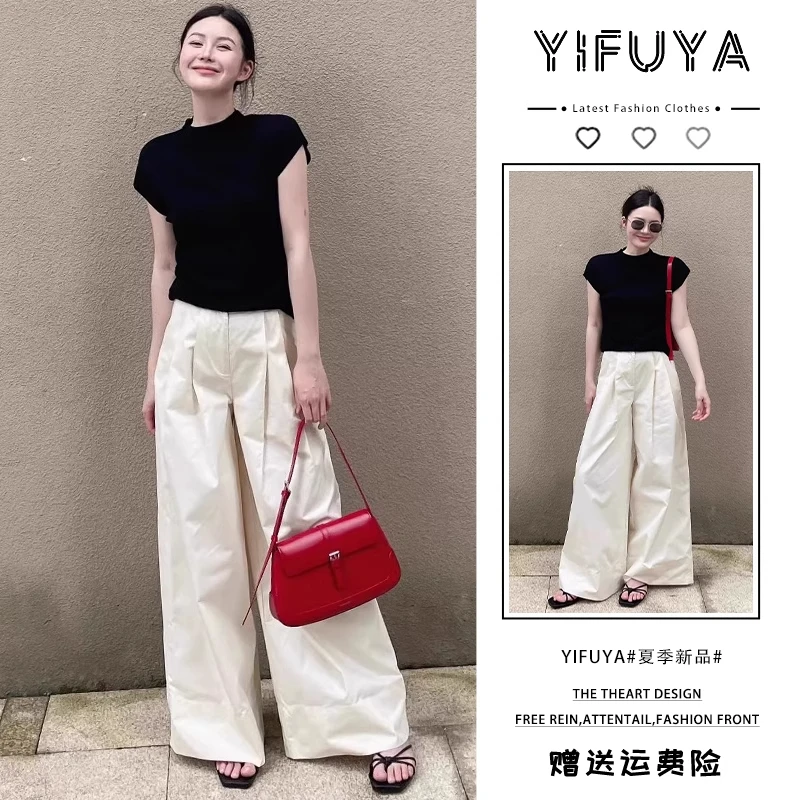 韩系慵懒风圆领短袖上衣高腰阔腿裤时尚显瘦休闲套装女气质高级感