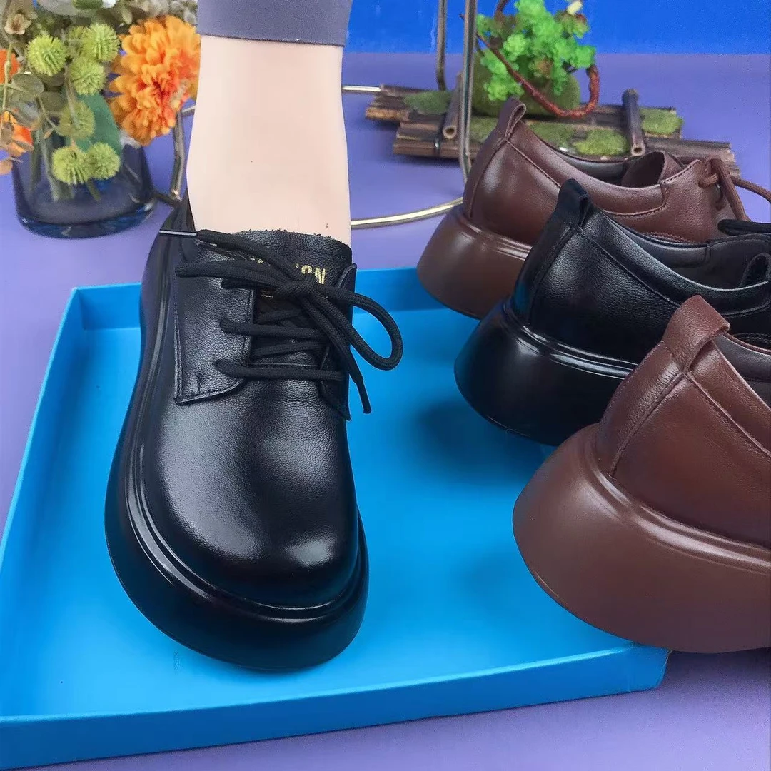 春季新款真皮圆头厚底系带单鞋女复古休闲百搭软底妈妈鞋
