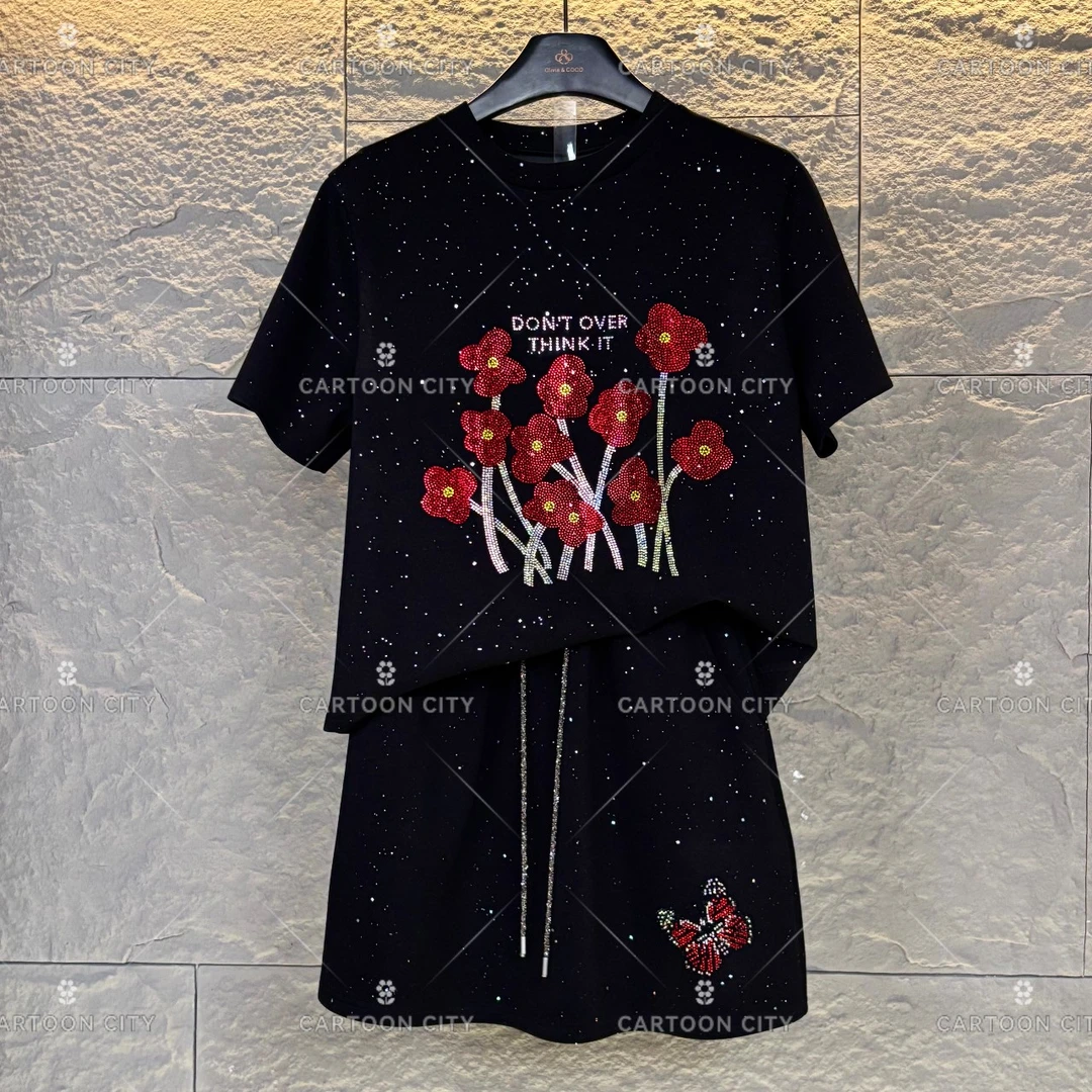 WMA-A34设计师款丨重奢水钻花宽松版夏季短袖T恤短裤时尚套装