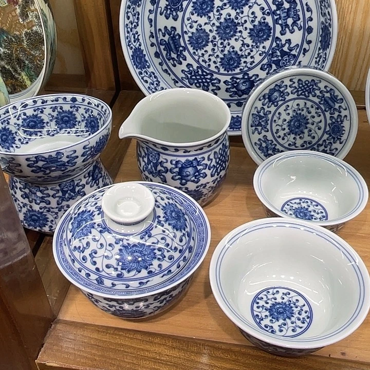 高***青花莲托八宝7件套茶具