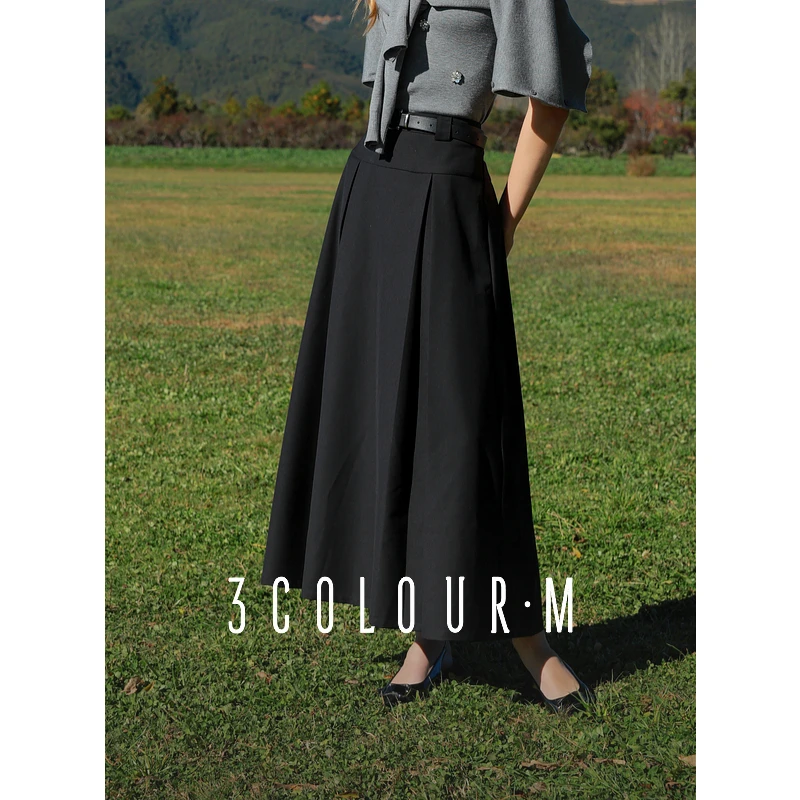 三彩2025春季新款A字半身裙百褶裙加长遮肉大摆长裙通勤休闲M