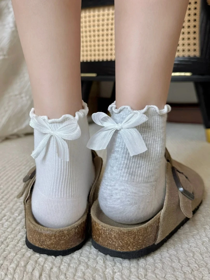秋冬中筒袜短袜蝴蝶结甜美百搭lolita白色纯棉花边袜