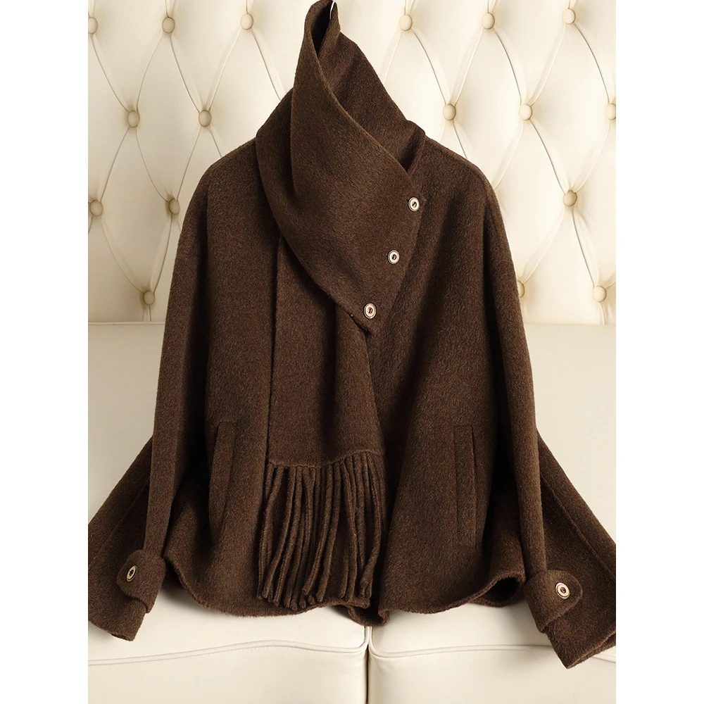 DUCURNO流苏边围巾领毛呢外套女冬季2025新款时尚气质宽松短上衣