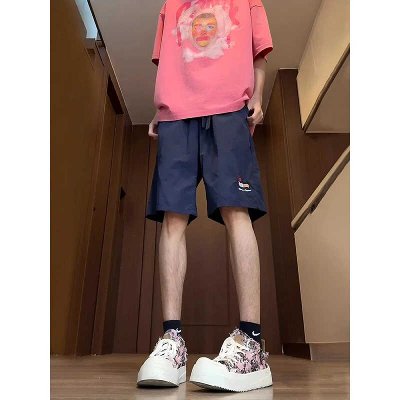 藏青色小狗刺绣速干短裤男夏外穿运动裤子冰丝美式休闲沙滩五分裤