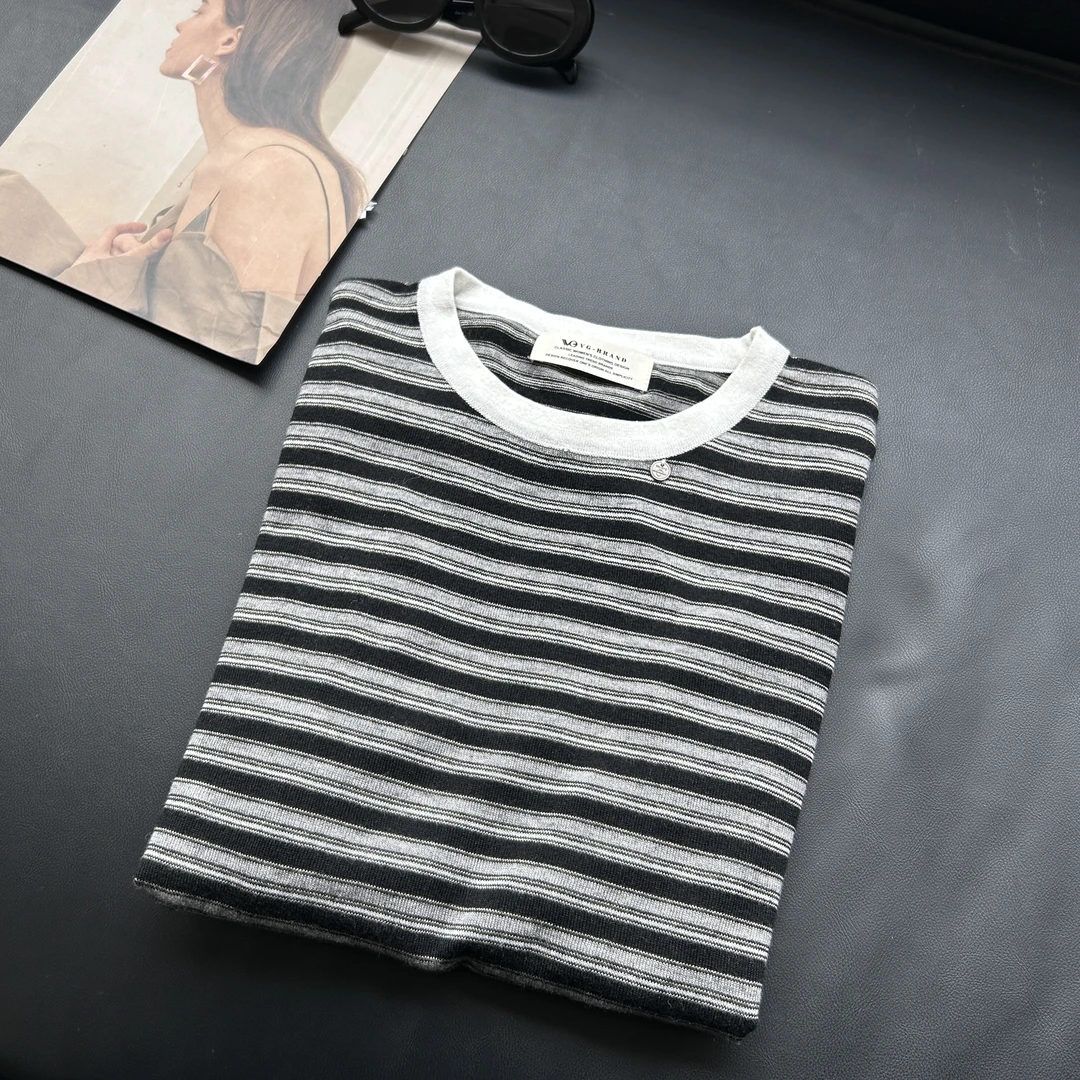 夏季拼接条纹日常短袖T恤秋季长袖打底衫0715