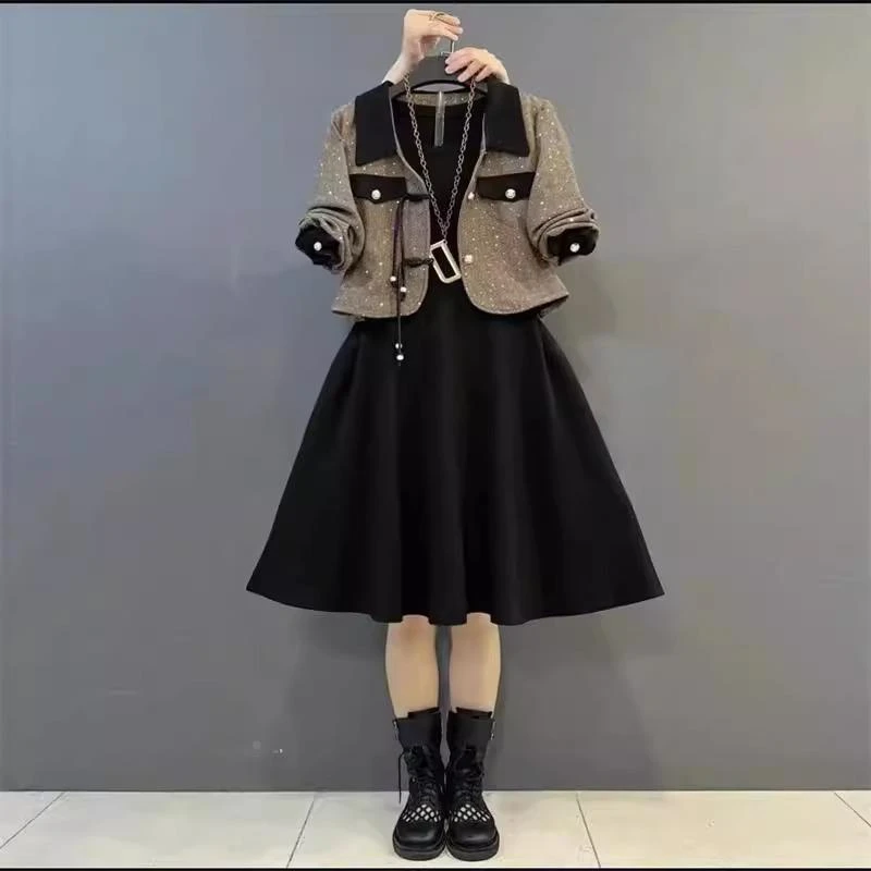 高端大码时尚套装裙女胖mm百搭气质翻领外套遮肚显瘦连衣裙两件套