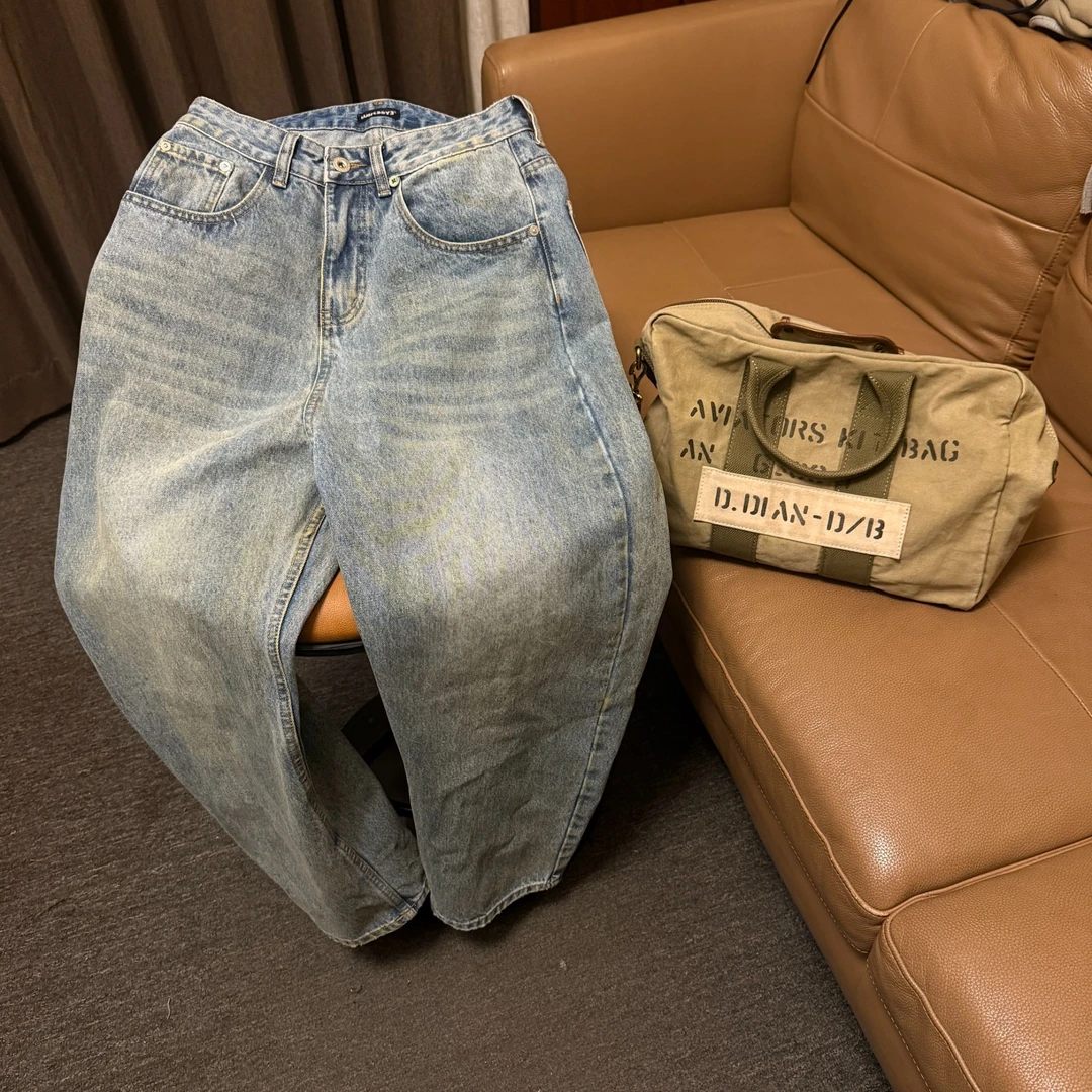 【K1029】《ST浅黄泥做旧》重磅做旧微锥牛仔裤男女同款-TF