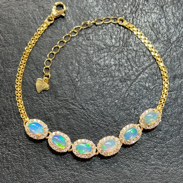 925银镶嵌欧泊手链4*6毫米满火彩晶体干净通透