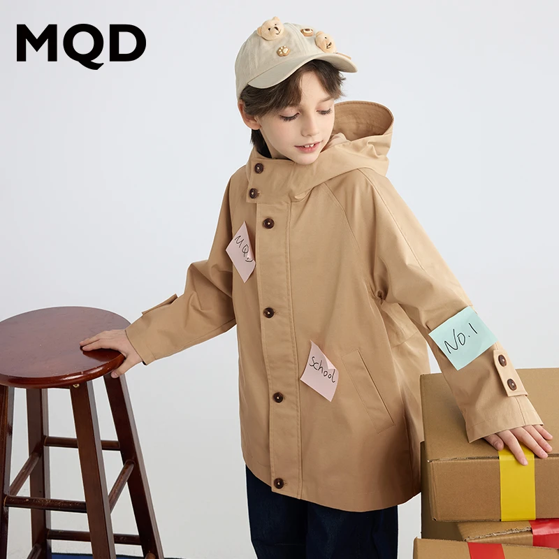 MQD童装25秋季新品长款极简机能连帽风衣外套儿童休闲户外