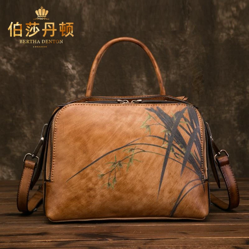 伯莎丹顿复古手提包女士包包真皮小方包头层牛皮大容量单肩斜挎包