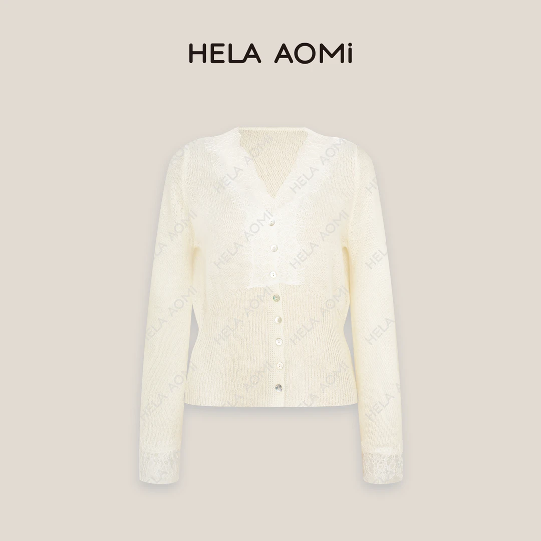 HELAAOMI “蕾丝袅袅”蕾丝V领修身性感亲肤针织开衫CY5AZ31802