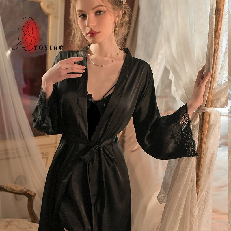 『有瘾YOYI』黑色玫瑰  法式蕾丝睡裙外袍薄款