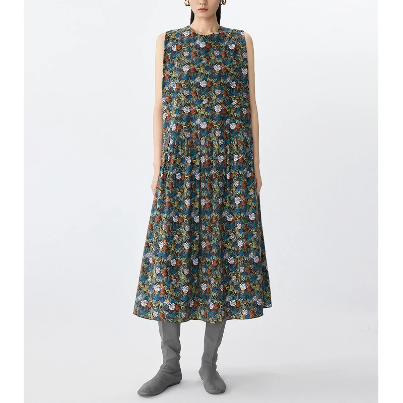 新品连衣裙宽松无袖碎花宫廷风大摆中长裙子0106