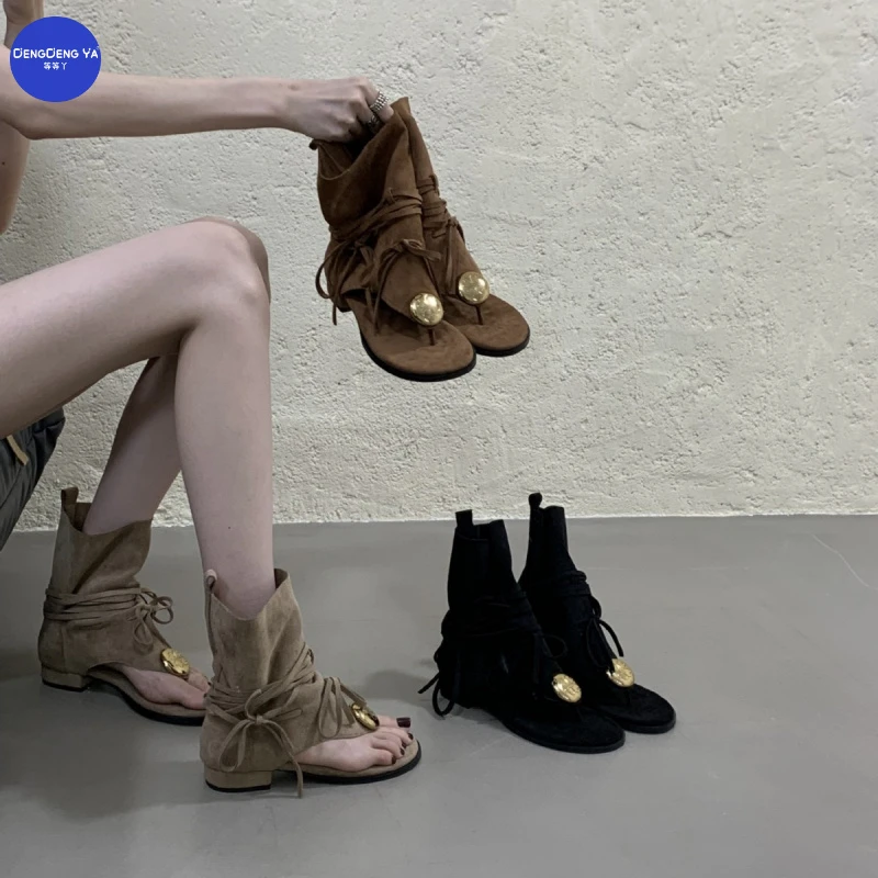 高帮百搭复古夏季秋冬厚底平底方头靴子短靴新款等等丫韩版绒面粘