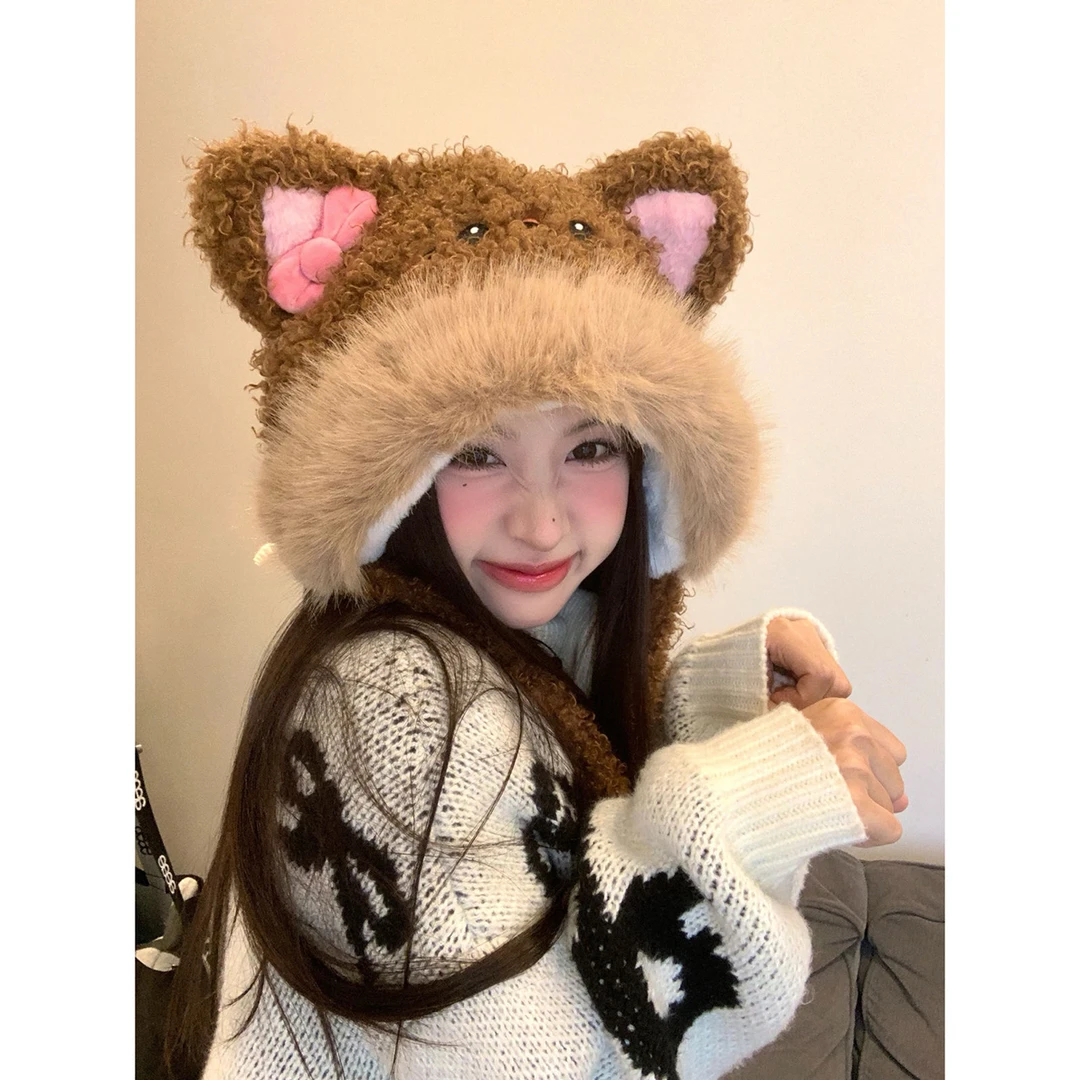 【吐司】显脸小小熊耳朵毛绒帽冬季加厚保暖卡通可爱护耳雷锋帽女
