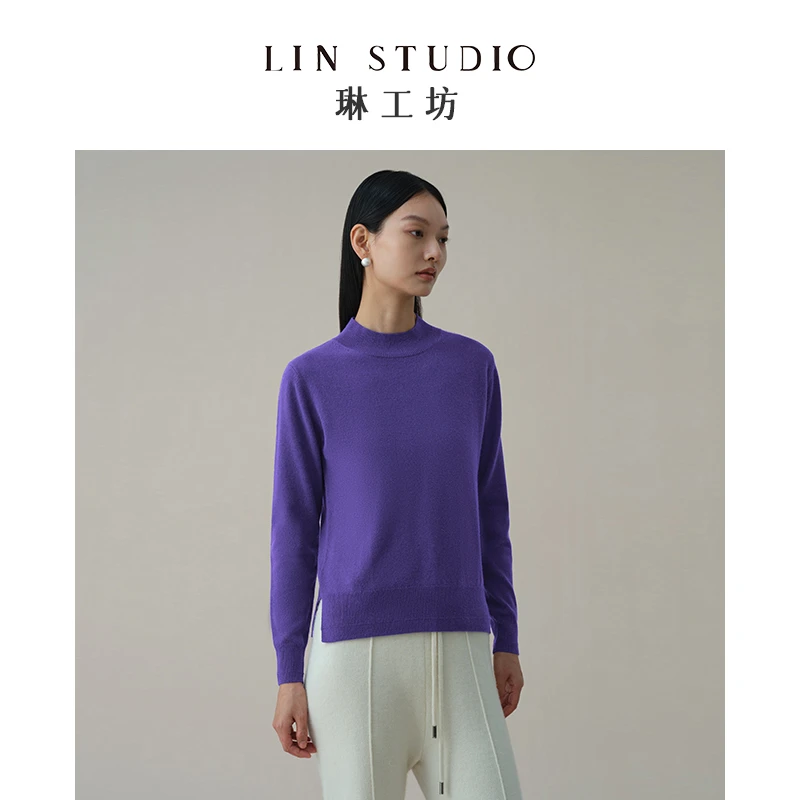 【100%山羊绒babycashmere】琳工坊繁弱紫色针织衫半高领唐琳设计师