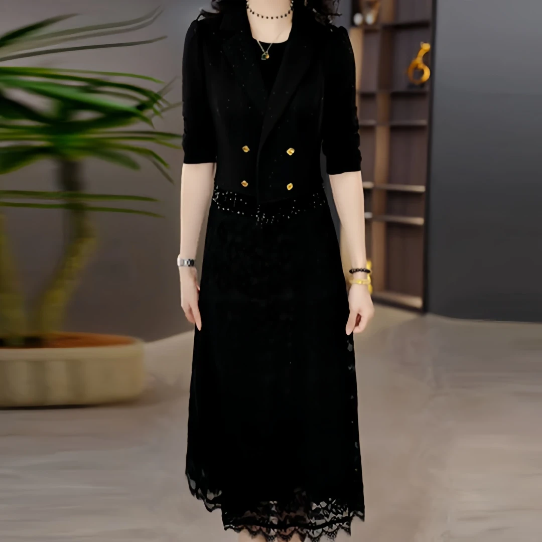 黑色假两件气质连衣裙女2025年春季新款妈妈装高端精致中长款裙子