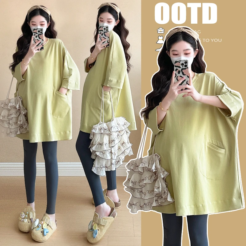 孕妇春装2025新款宽松时尚潮妈休闲大码七分袖T恤有口袋圆领上衣