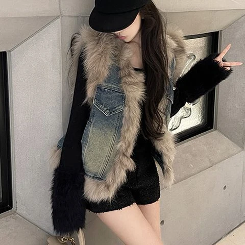 冬季牛仔女马甲背心毛毛小众设计拼接修身无袖坎肩外套御姐风简约