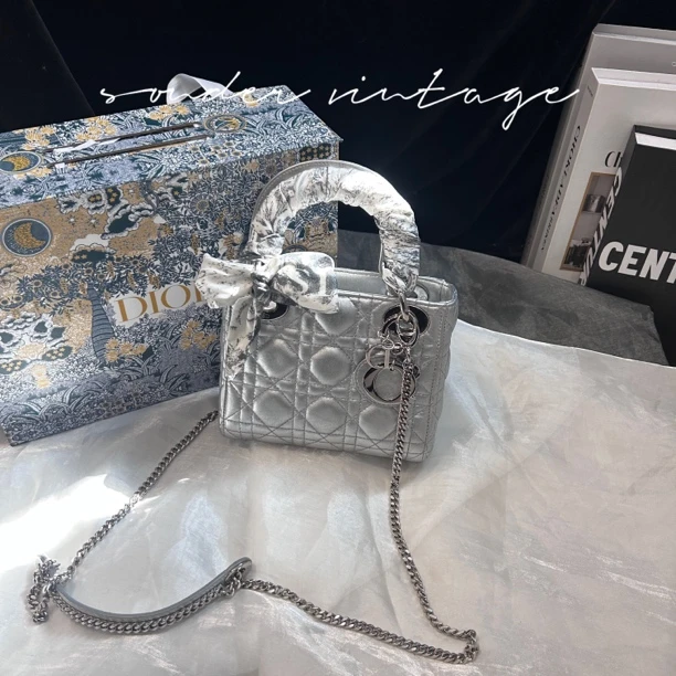 95新 DIOR/迪奥 dior三格银色戴妃包