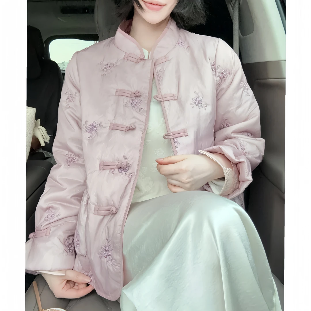 【桃雾恋】棉服新中式长袖外套加棉加厚宽松毛毛保暖冬季女立领上衣