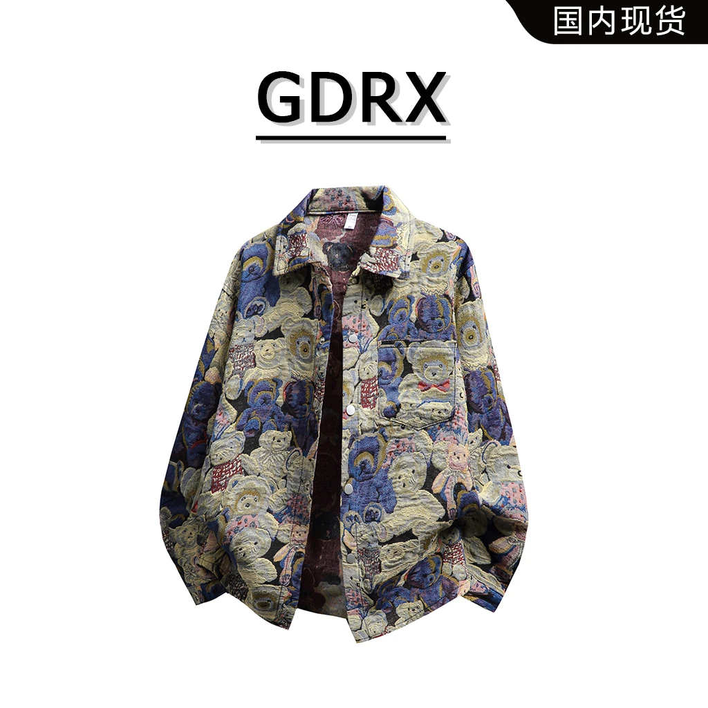 GDRX美式高街设计感满印小熊夹克男春秋季痞帅小众宽松翻领外套