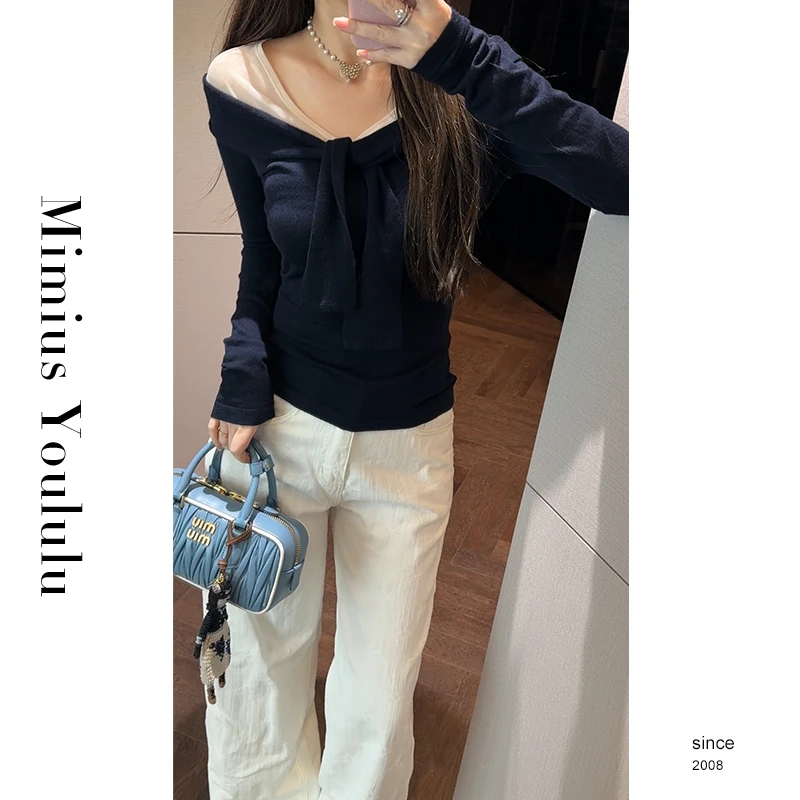 【mimius】&琳琳 一字领拼接气质简约修身羊 毛针织衫 WG03025