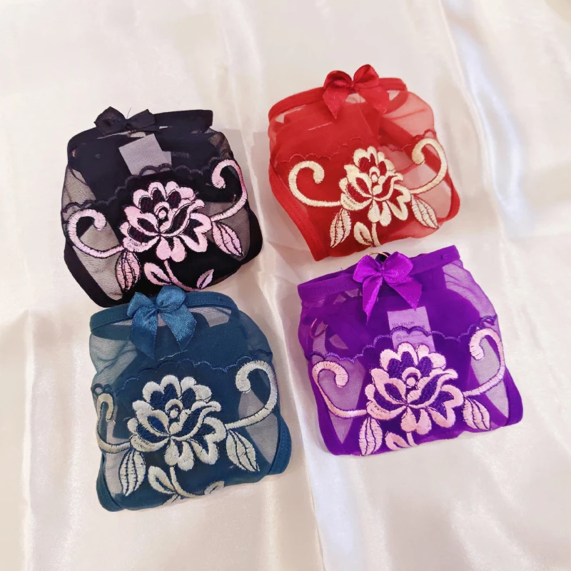 轻奢纯欲性感刺绣内裤女镂空透气网纱可调节蝴蝶结棉裆火辣三角裤