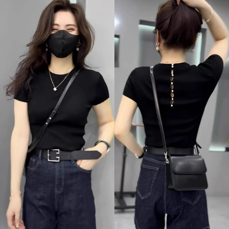 欧货黑色针织短袖T恤女夏季新款修身打底衫显瘦时尚高端小衫上衣