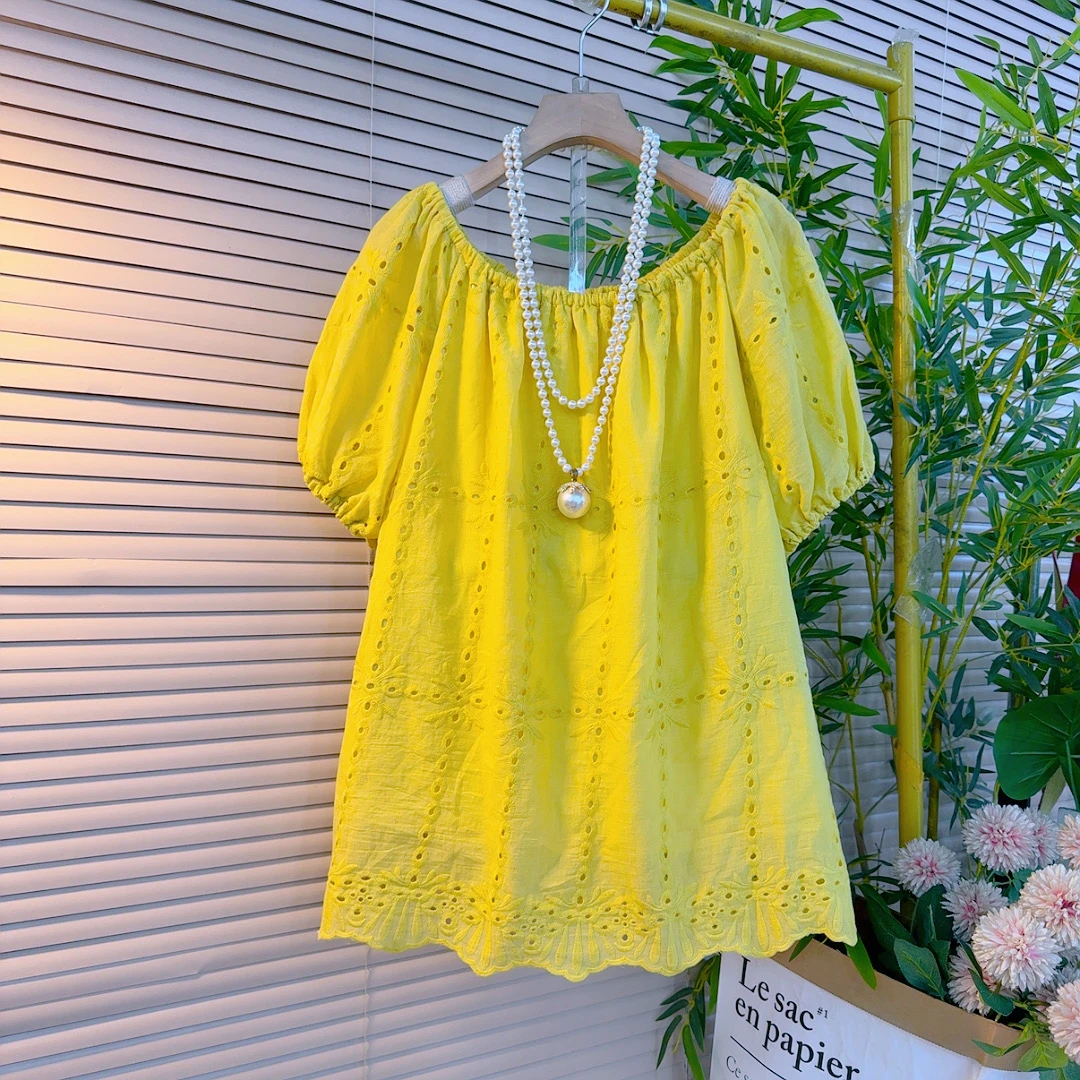 25138胖mm欧货韩版宽松慵懒风纯色镂空提花刺绣设计感可一字肩衫