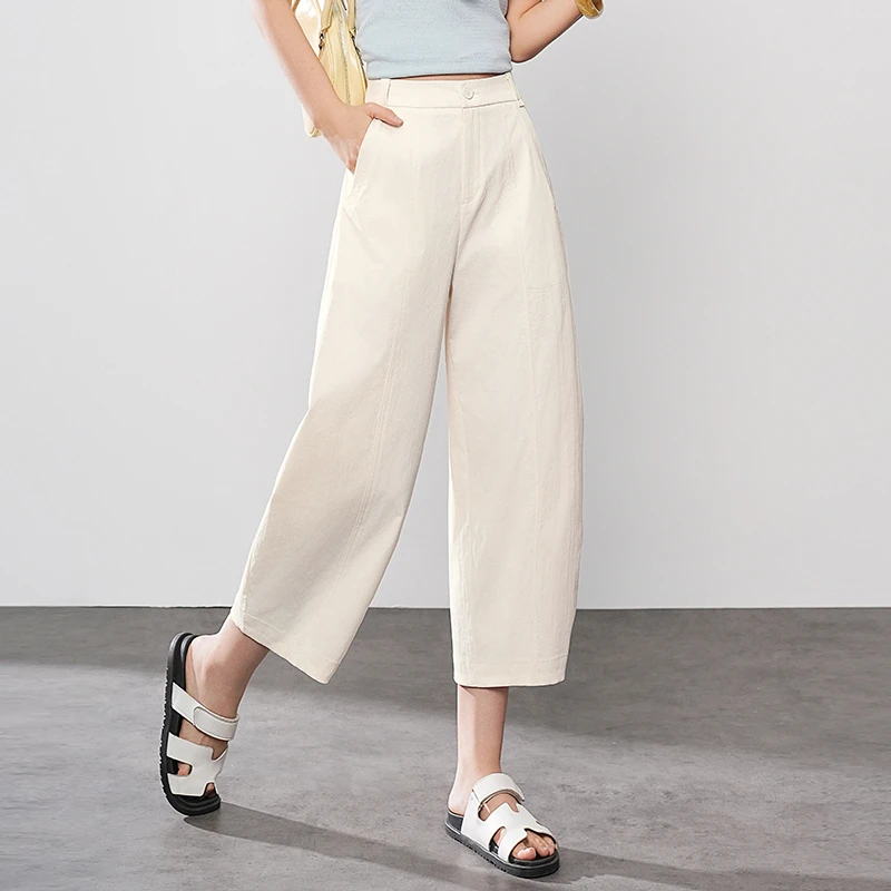 白色镰刀裤女2025新款夏季阔腿裤高腰哈伦裤小个子裤子薄款八分裤