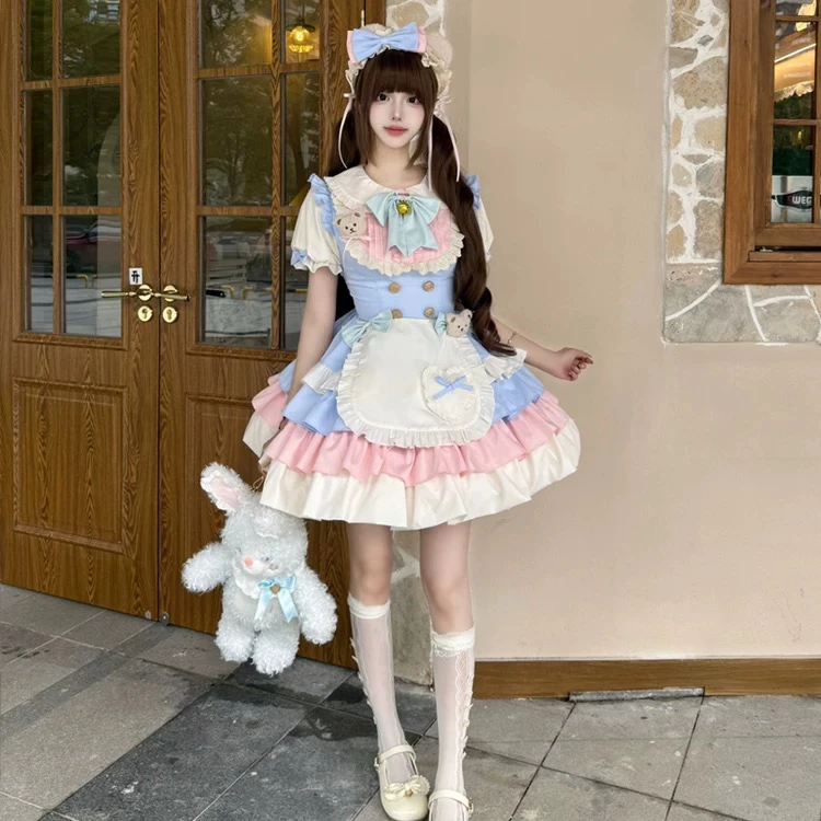 桔梗house奶油泡芙甜美泡泡袖蕾丝花边蝴蝶结小偶像感轻lo连衣裙