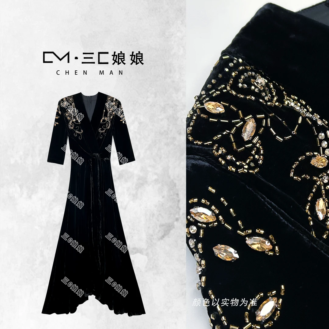 宸嫚三C娘娘【红人之夜】02176新中式桑蚕丝真丝丝绒重工订钻连衣裙