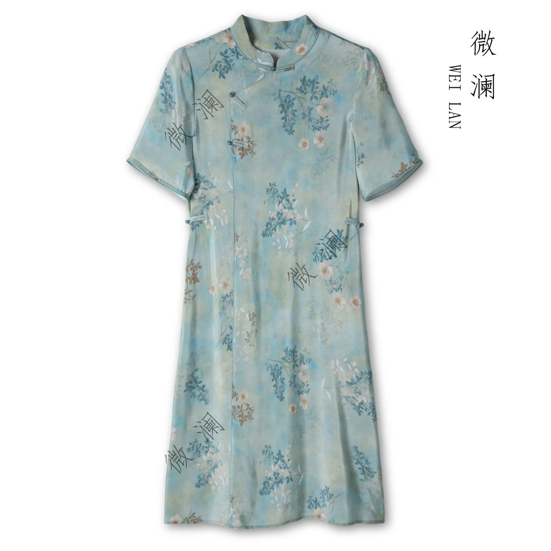 【入画江南】100桑蚕丝中长款印花立领夏季气质新中式旗袍DL5403