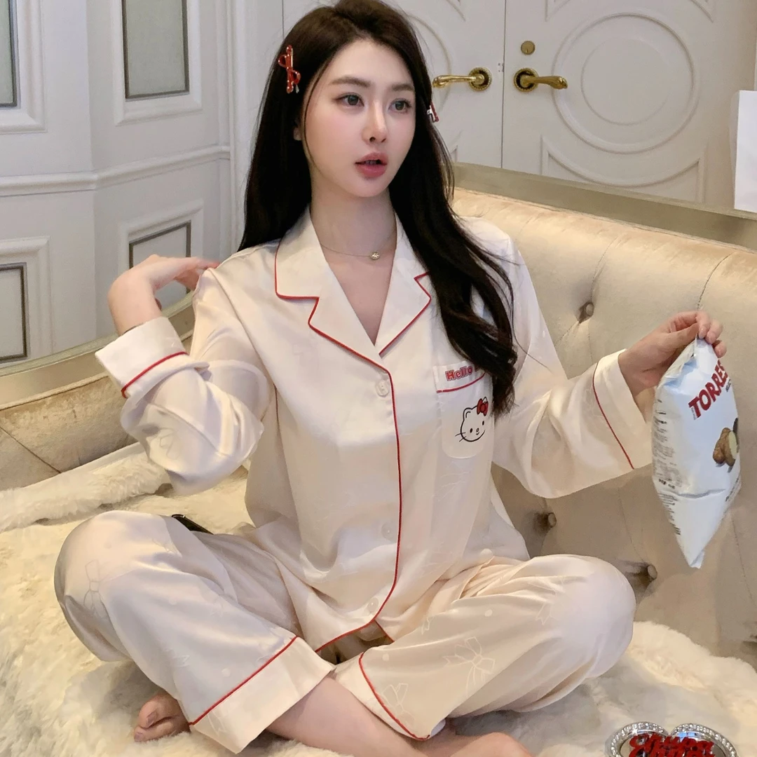 甜美KT提花长袖长裤睡衣春秋少女可爱高级感女神家居服套装