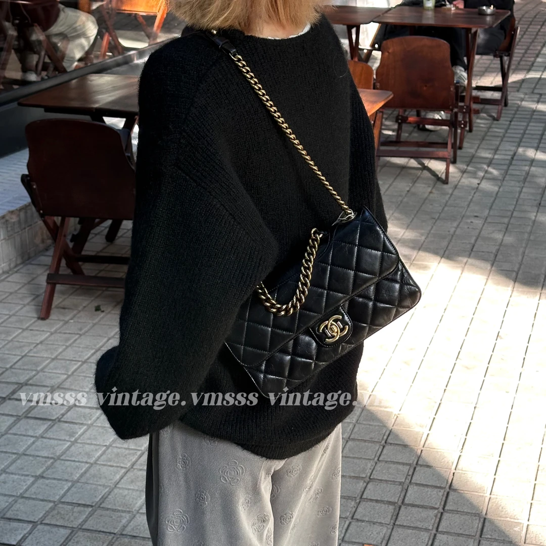 95新 Chanel/香奈儿 孟买小号黑色牛皮单肩包 20开金扣03754