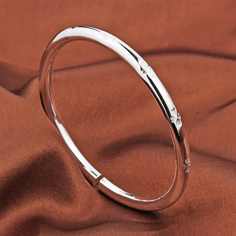 足银手镯 【538】开口亮面四叶草足银手镯时尚百搭简约款手镯