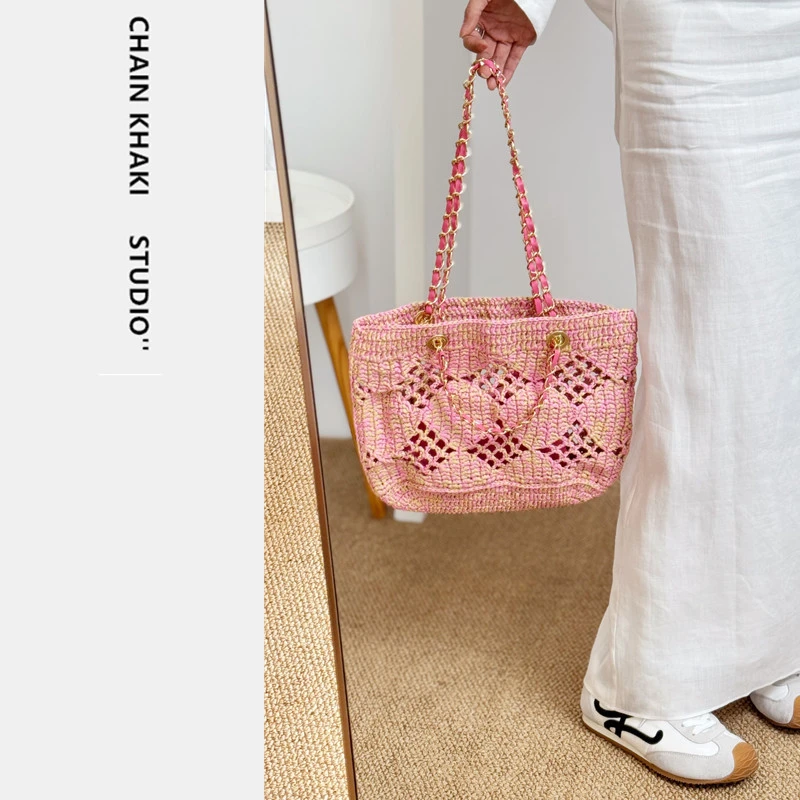 草编织包女水桶包编织单肩包百搭小香风肩包小众沙滩夏季链条包包