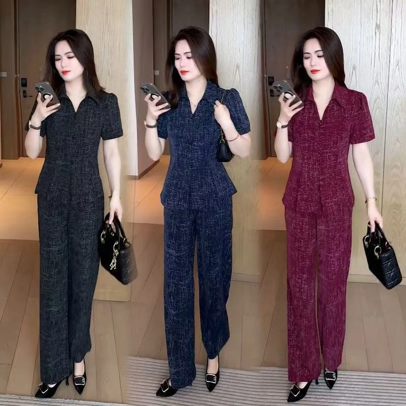 妈妈装时尚套装2025夏款新款洋气减龄遮肚子短袖上衣阔腿裤两件套