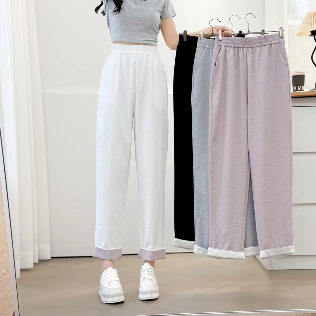 微胖大码女装夏季新款薄款哈伦裤九分裤脚口拼色防蚊裤显瘦防晒裤