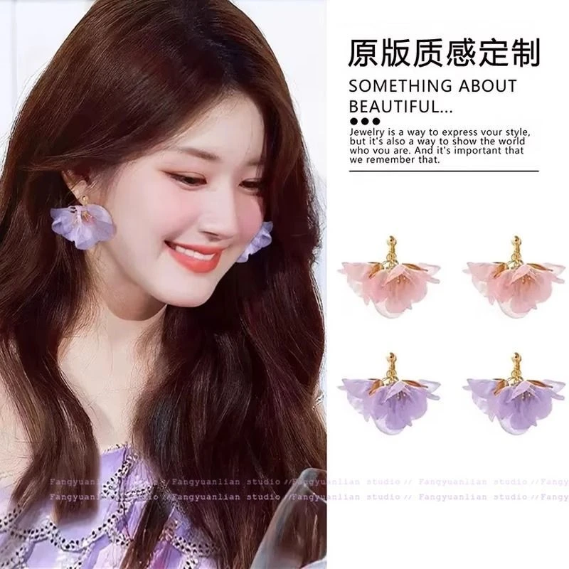 气质小花超仙紫色花朵耳环女小众韩系耳钉高级感度假风无耳洞耳夹