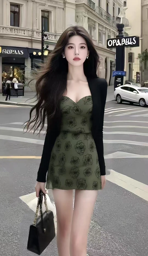 气质名媛墨绿色碎花修身收腰桃心领吊带连衣裙+黑色开衫女两件套