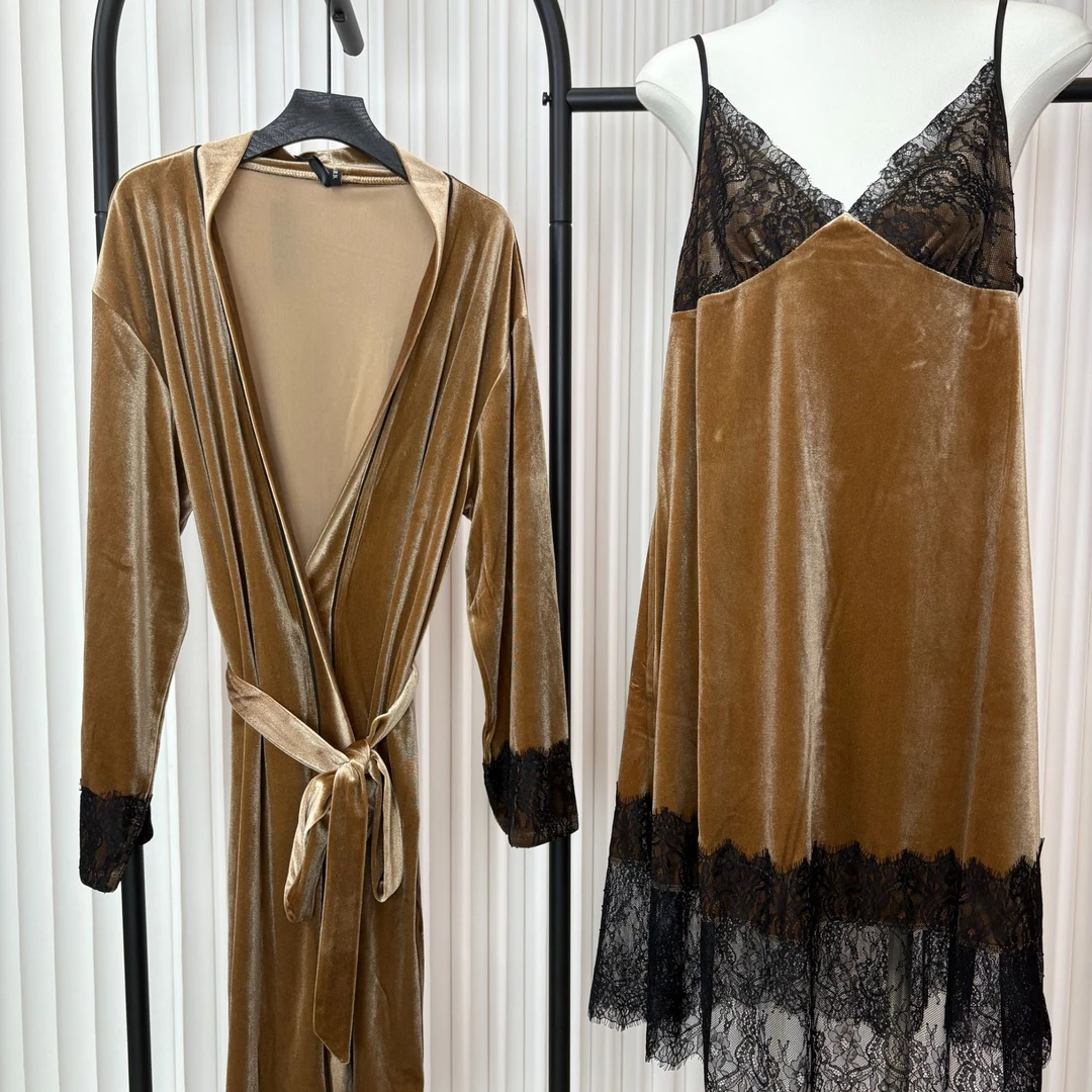 【90027】秋冬新款法式琥珀流光风蕾丝性感吊带焦糖梦影轻奢睡衣