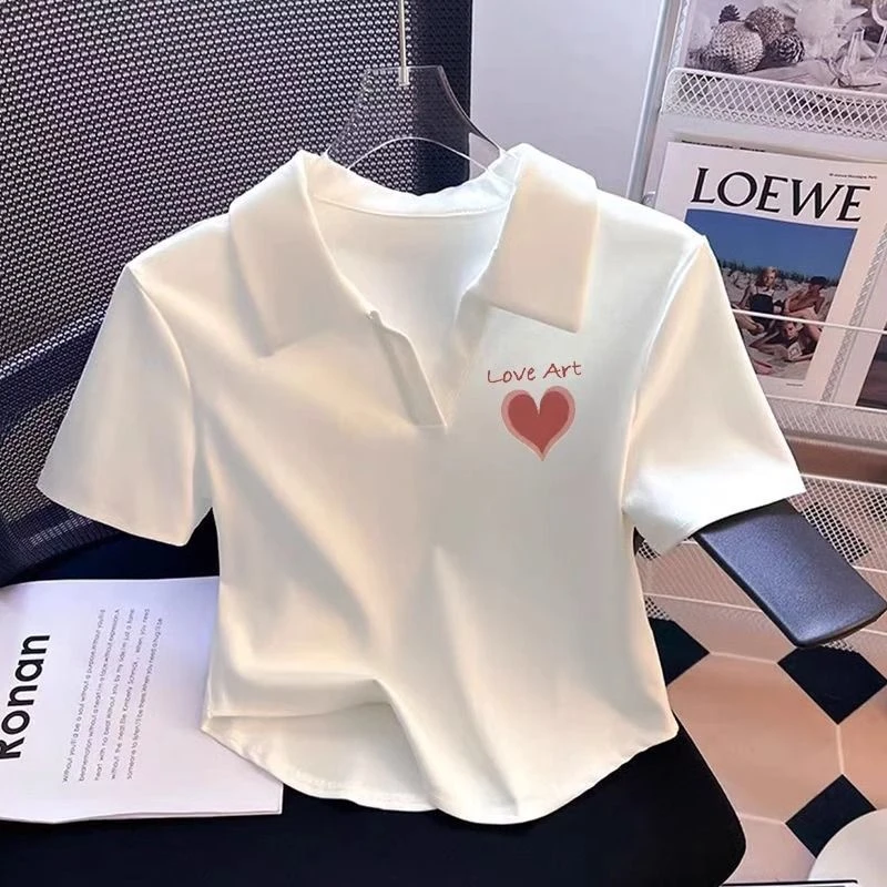 短款弧形t恤女新款时尚白色Polo领修身显瘦洋气正肩短袖棉质上衣