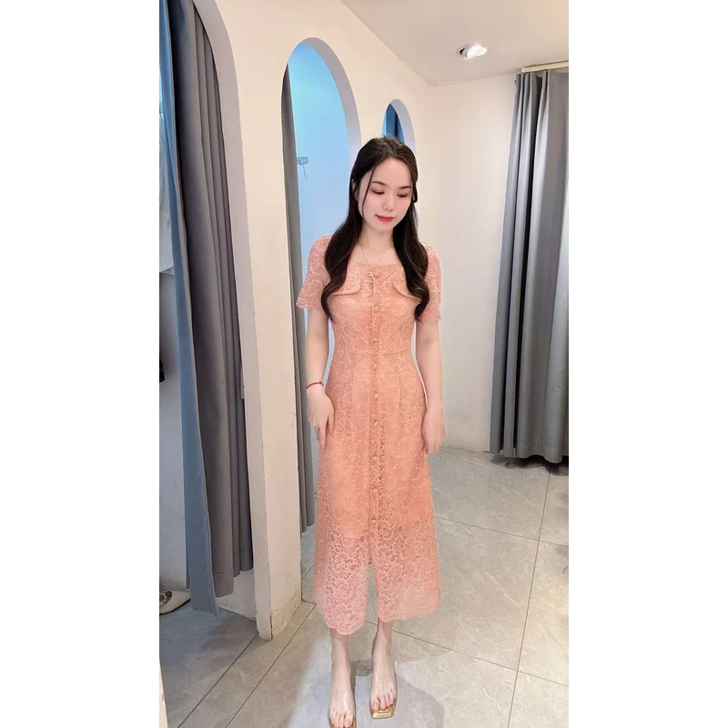 丹妮丝夏季收腰短袖连衣裙时尚显瘦甜美法式气质镂空连衣裙